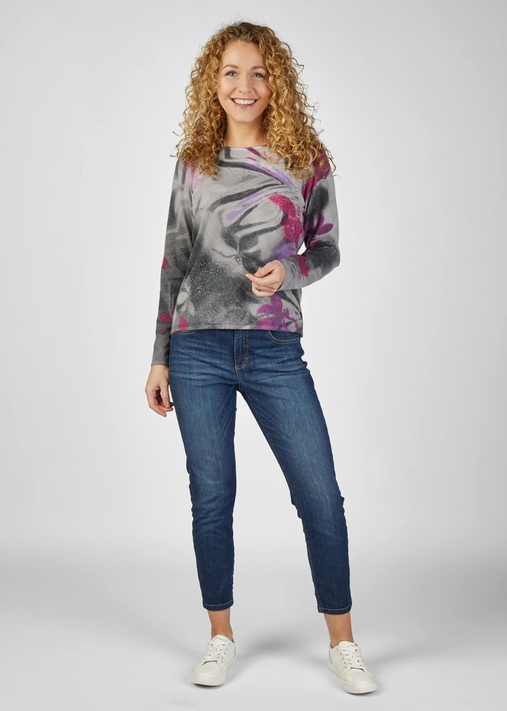 RABE Damen Pullover Mystic Grey viola gemustert mit Strasssteinen