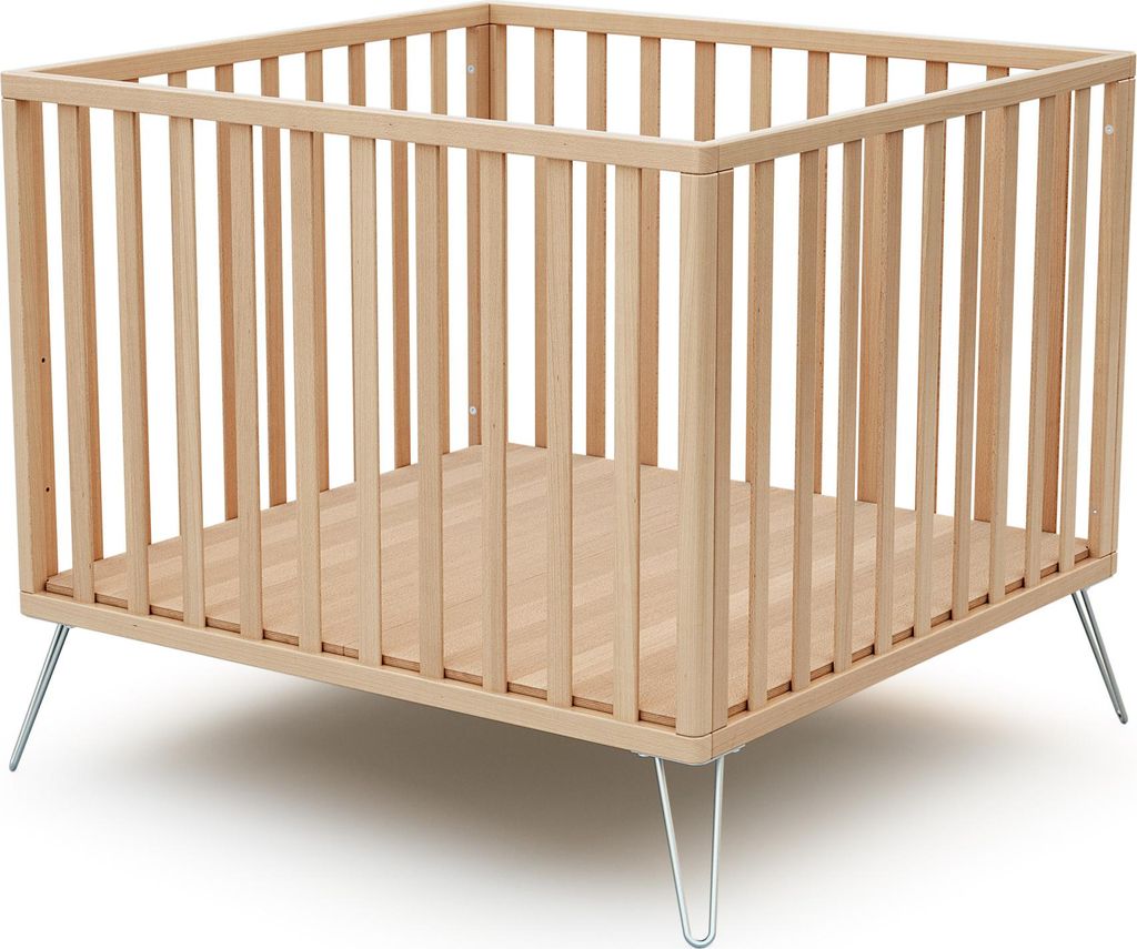 JURABABY - Laufstall Baby Holz 100x100 ONLY Buche Natur und Stahl 100 x 100 cm | Laugitter 3 Stufen Höhenverstellbar | Stahlfüße