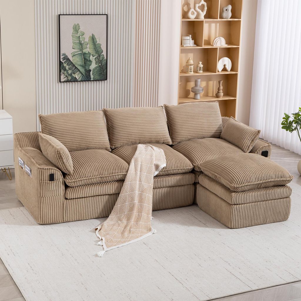 STILVORA Modulares Cordsofa 3-Sitzer mit 3-lagigem Schaumstoff und Federkern und frei kombinierbarem Design, Wohnzimmersofa mit Hocker mit Hocker, ...