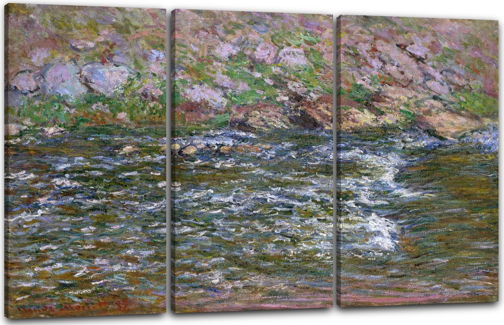 Leinwandbild 3-teilig (120x80cm): Claude Monet - Stromschnellen an der Petite Cremes in Fresselines (1889), echter Holz-Keilrahmen inkl. Aufhänger...