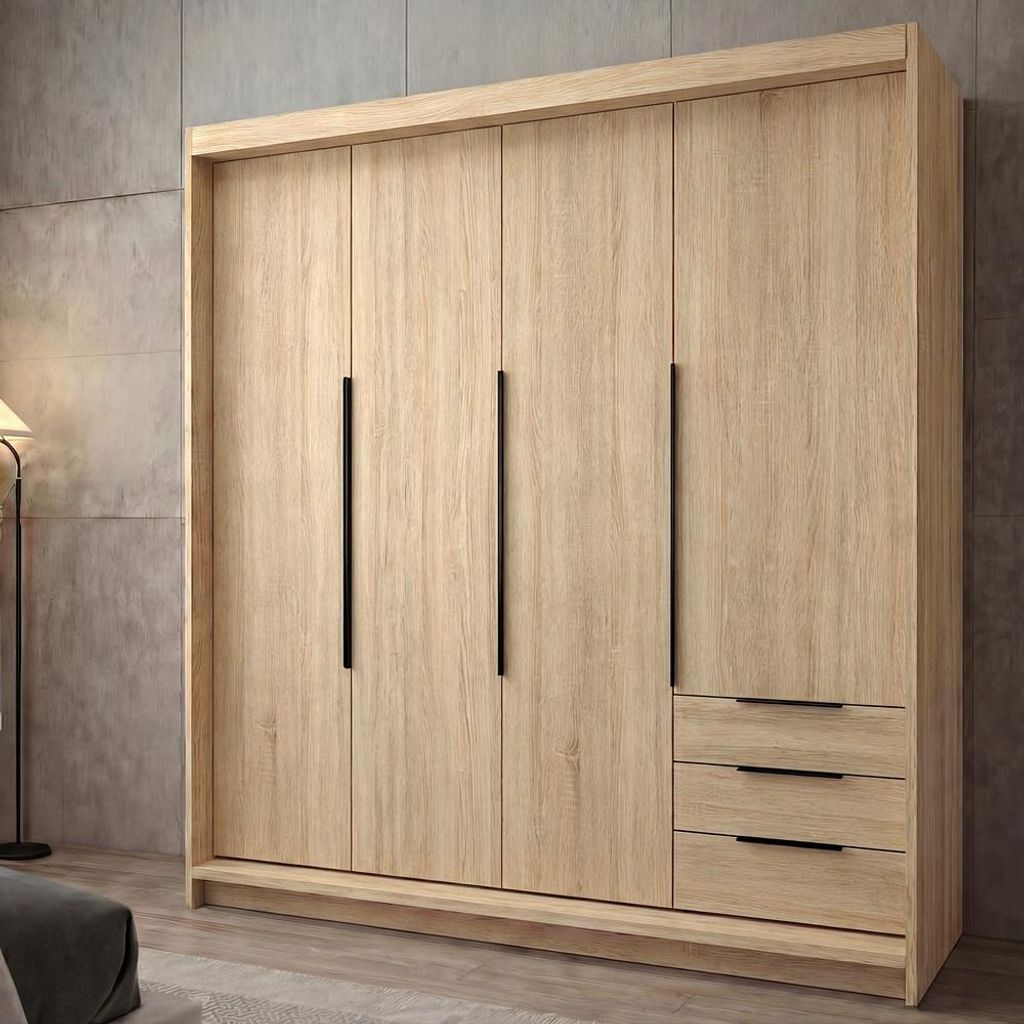 Geräumiger vier-türiger Kleiderschrank KLARI mit Schubladen und Metallgriffen – modernes Design