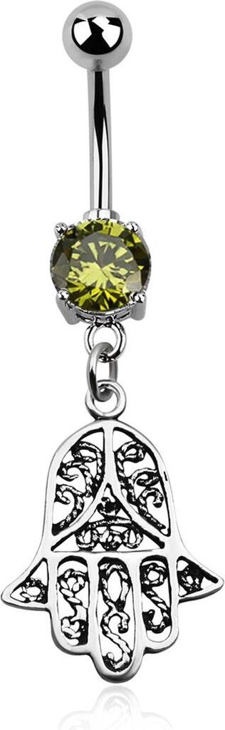 Bauchnabelpiercing Hamsa Hand der Fatima 925 Silber Anhänger Kristall Autiga silber-olivgrün 10 mm