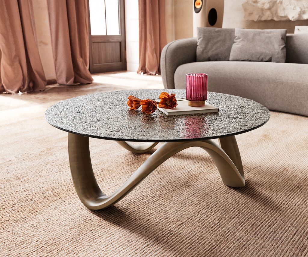 DELIFE Couchtisch Tanju 90x90 cm Metallic Gold mit Reliefglas Taupe