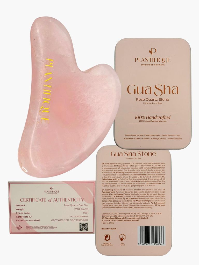 PLANTIFIQUE Rosenquarz Gua Sha Stein – Handgefertigt – Gesichtsmassage – Anti Aging – Zur Unterstützung der Gesichtspflege