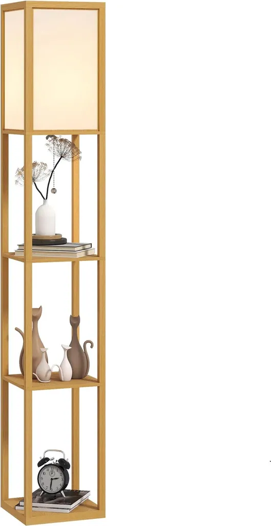 Gagnez de la place avec ce lampadaire bois naturel et étagères intégrées
