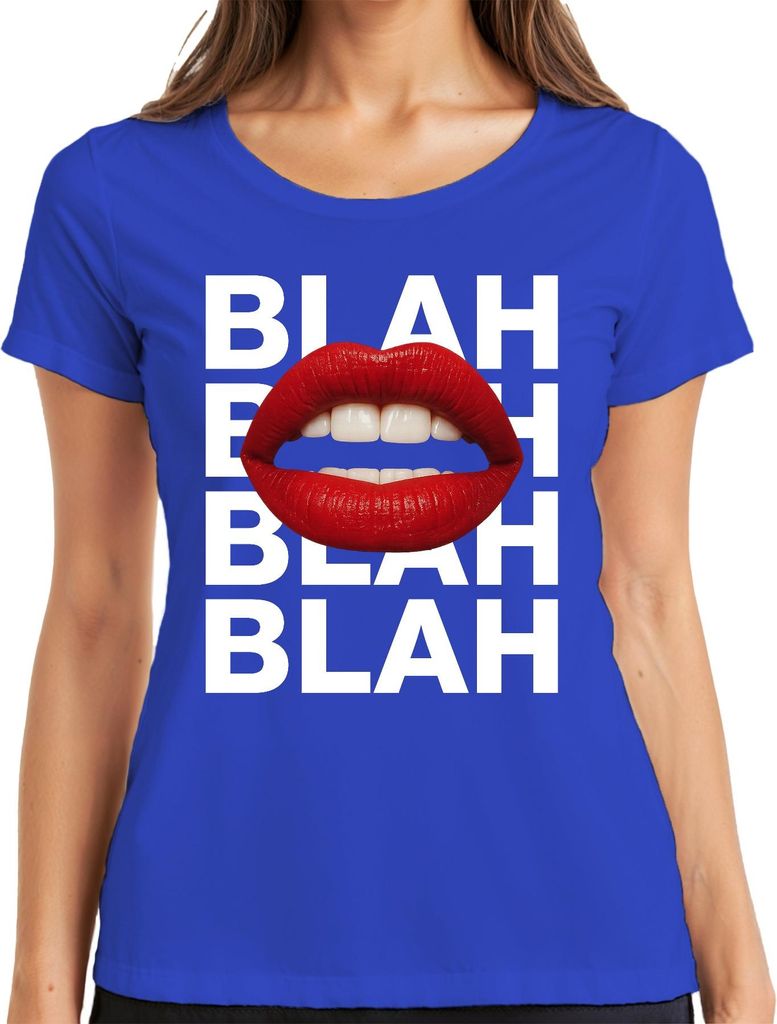 BLAH BLAH BLAH rote Lippen Lippenstift Pop Art frech sarkastisch Damen T-Shirt, Blau, XL
