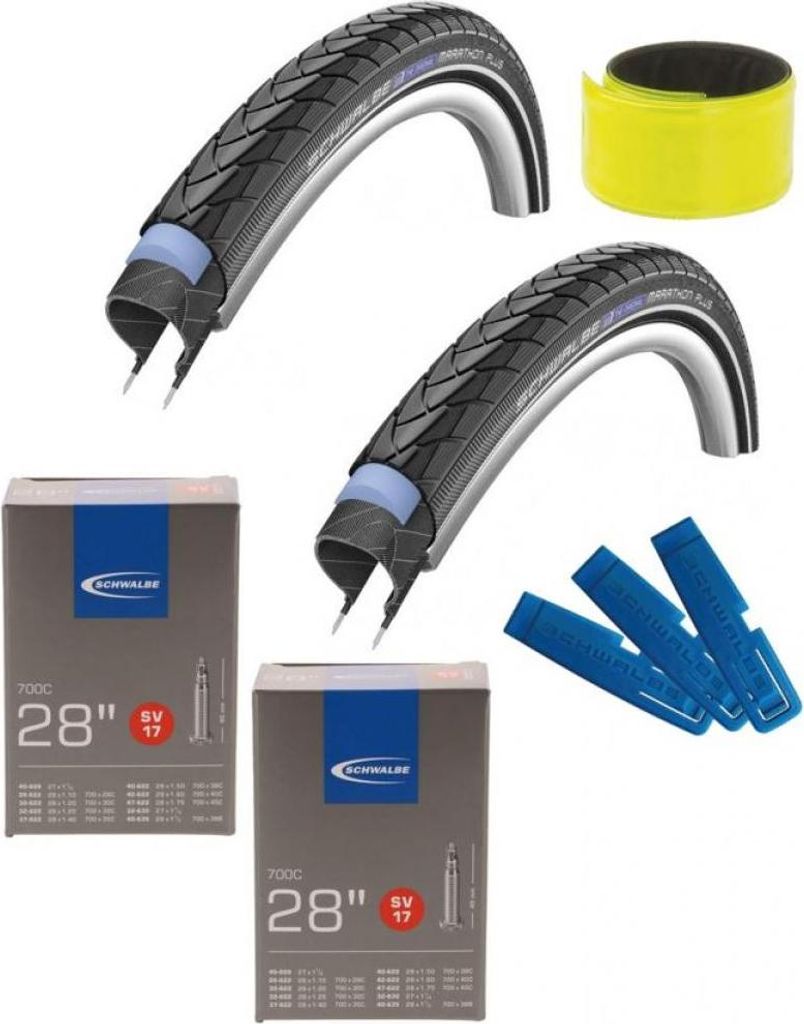 Schwalbe MARATHON PLUS 28x1.40 + 2x SV17 Schlauch + Reifenheber + Reflexband