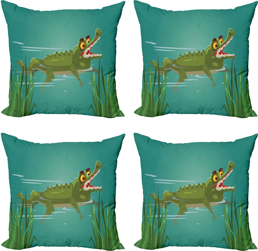ABAKUHAUS Krokodil Kissenbezug Set (4 Stück), Cartoon in einem See, Moderner Doppelseitiger Digitaldruck, 40 cm x 40 cm, Olivgrün Multicolor