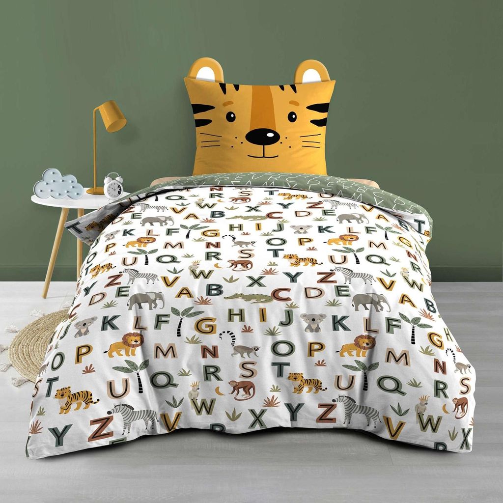 Kinderbettwäsche-Set aus Baumwolle, wendbar, mit Alphabet- und Tiermotiven