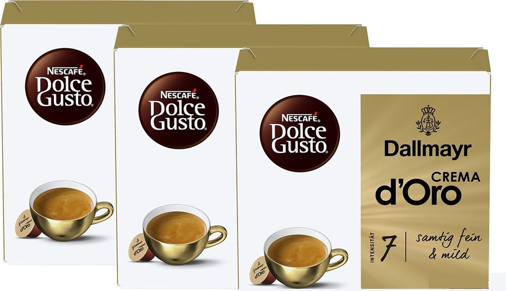 Three boxes of Nescafé Dolce Gusto coffee capsules, with one box showing Dallmayr Crema d'Oro branding.