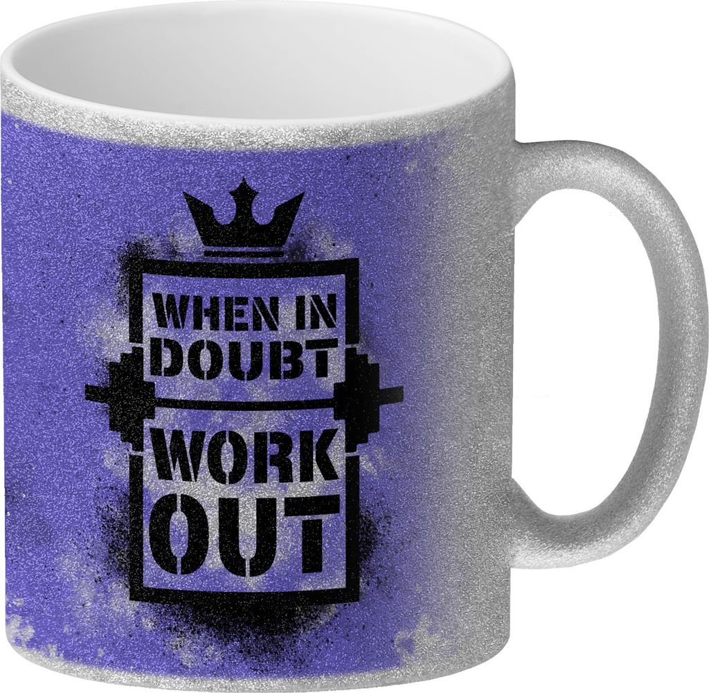 When in doubt Work out Glitzer-Kaffeebecher mit motivierendem Spruch in {blau}