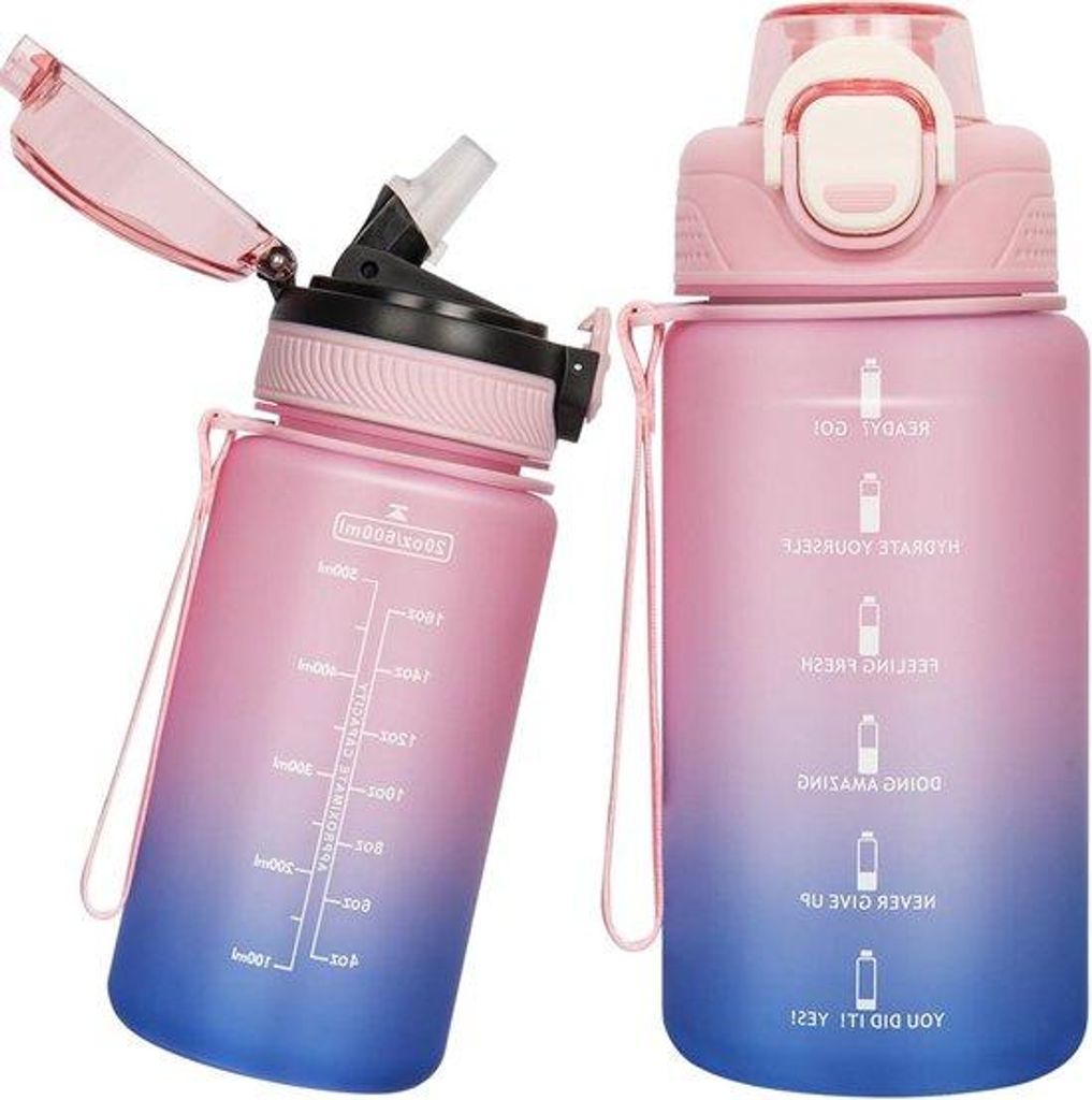 Tritan-Trinkflasche mit Riemen und Zeitangaben - motivierende Trinkflasche für Kinder - 600 ml - 2 Deckel - Schule.