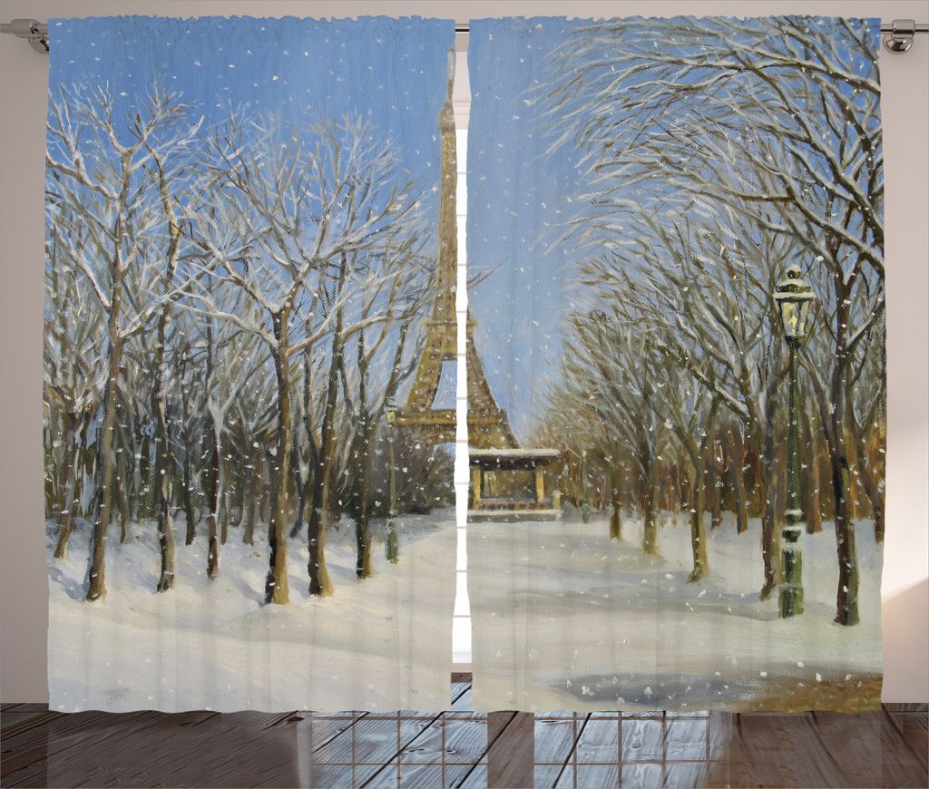 ABAKUHAUS Winter Rustikaler Vorhang, Snowy Paris Blick auf die Stadt, Wohnzimmer Universalband Gardinen mit Schlaufen und Haken, 280 x 245 cm, Blau...