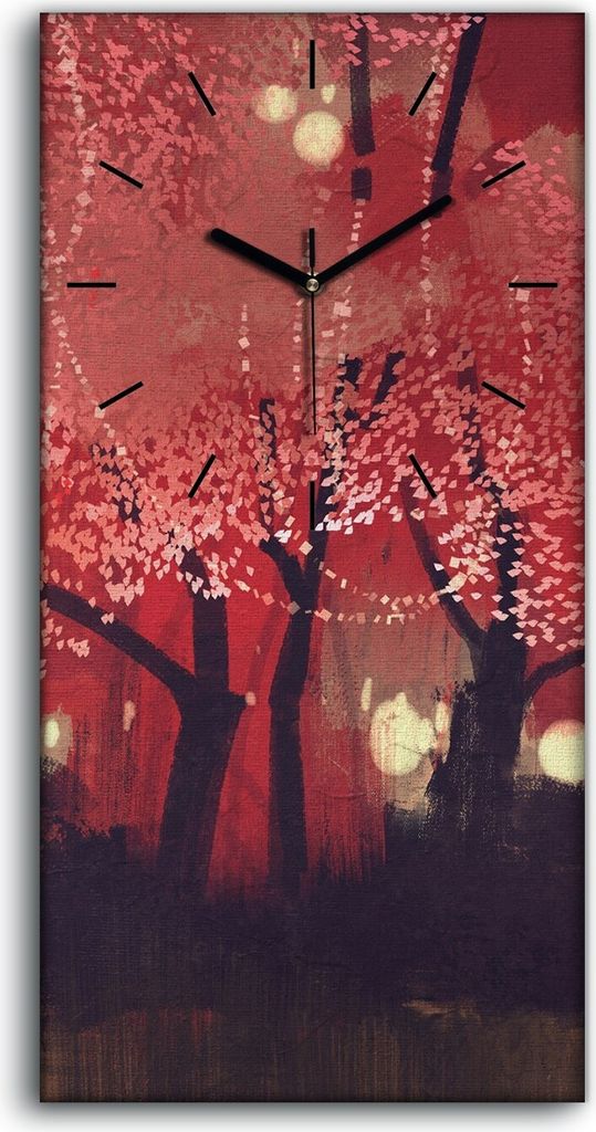 Wanduhr Leinwand Bild Uhr Quarz 30x60 Nacht Herbst Wald Fantasie Landschaft - schwarze Hände