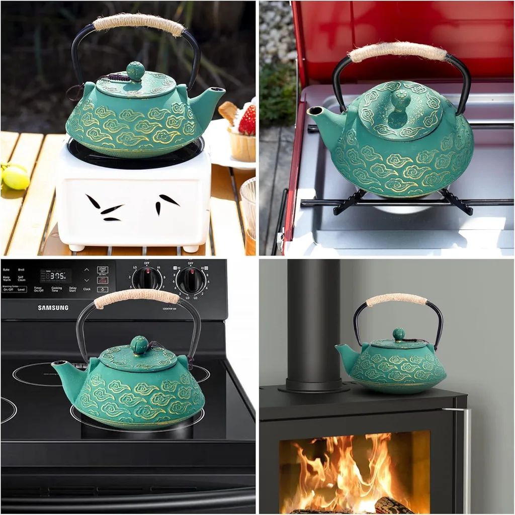 Teiera In Ghisa Verde 1200 Ml Con Infusore - Bollitore Per Piano Cottura - Design A Righe Verticali - Interno Smaltato