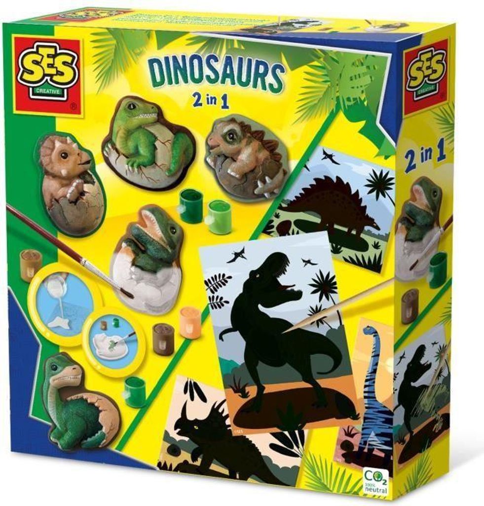 Dinosaurier Gipsfiguren Set , SES Creative , 2 in 1 , Gießen und Bemalen , Kreatives Basteln , Ab 5 Jahren
