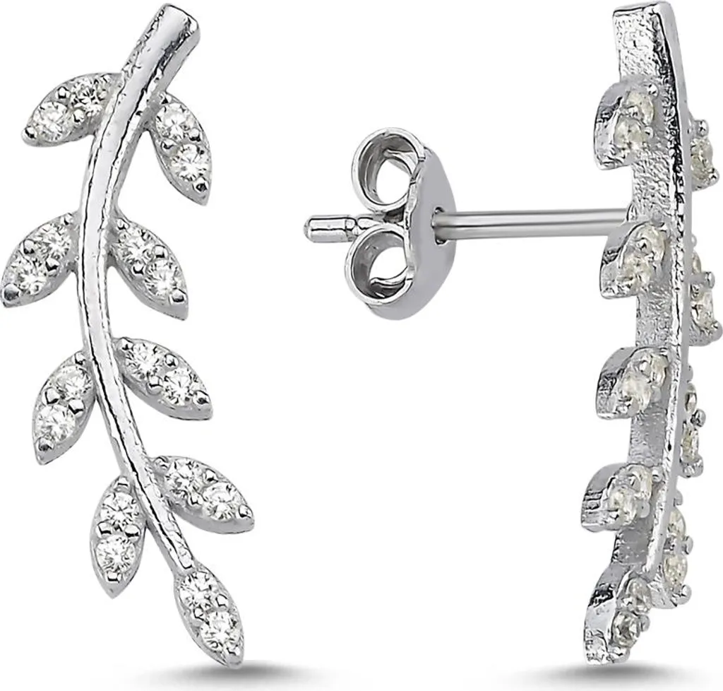 Boucles d'oreilles branche d'olivier en argent 925 rhodié et zircone