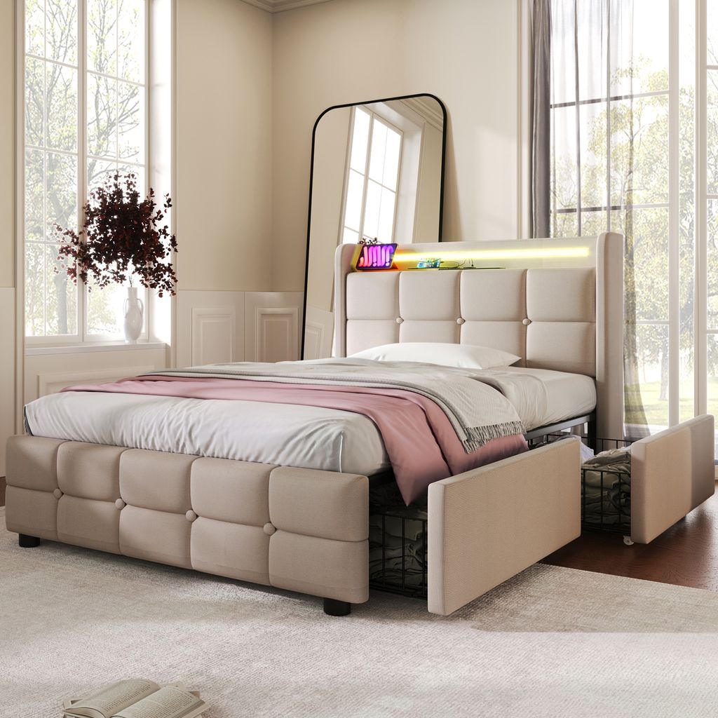 Flieks Polsterbett 90x200cm mit USB und Steckdosen, Jugendbett Einzelbett mit 2 Schubladen, Stauraumbett Massivholzbett mit LED und Lattenrost, Lei...
