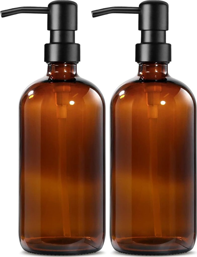 Seifenspender Glas, 500ml Seifenspender Braun mit Pumpe aus Edelstahl, Solide Seifenspender Set für Küche, Bad und Dusche, Vintage Braune Glasfla...