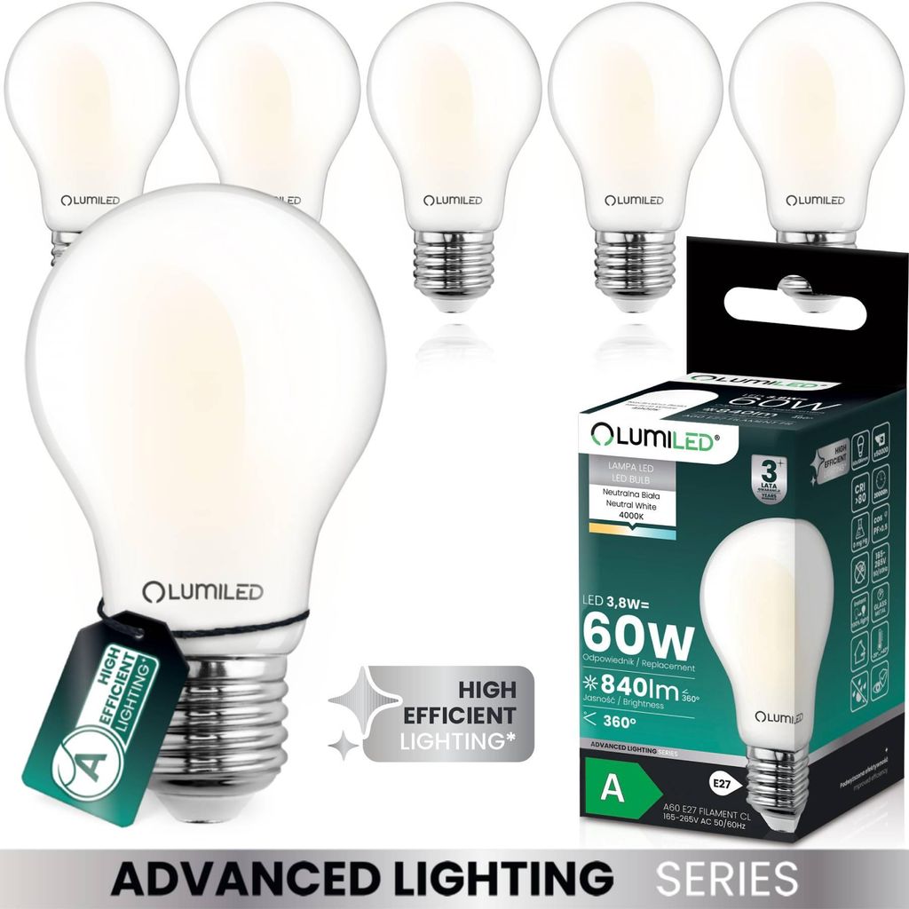 LUMILED 6er Set LED Lampe ultraeffizient A60 E27 3,8W 840lm 4000K Filament Milchglas 360° Ersatz für 60W Nicht Dimmbar Neutralweiß für Wohnzimm...