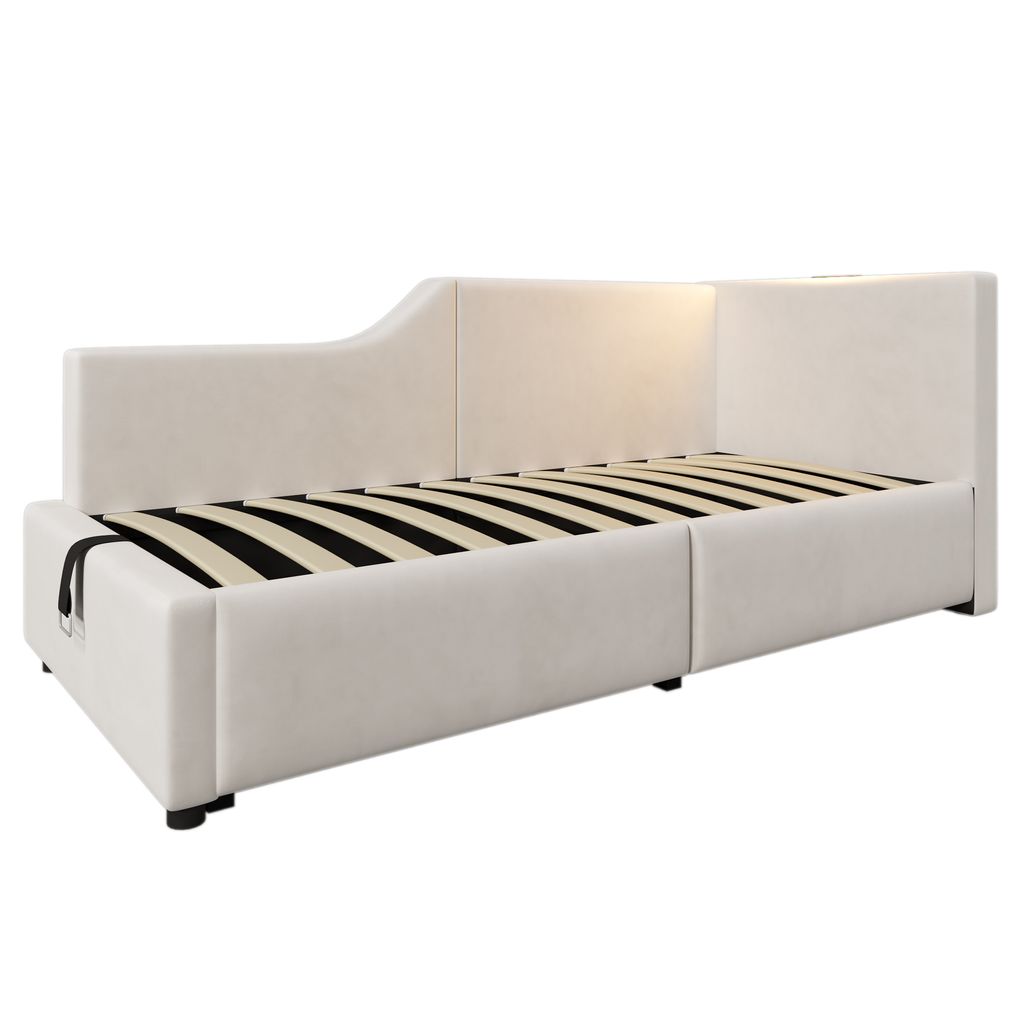 Polsterbett 90x200cm Tagesbett (ohne Matratze) Samt Beige Daybett Schlafsofa Kinderbett Jugendbett Mit hydraulischem Stauraum Mit LED und USB-Typ C