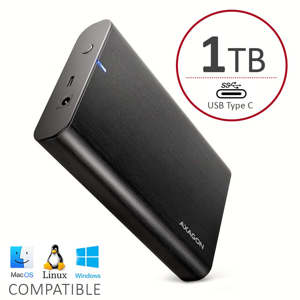Externe HDD AXAGON Aluminium 1TB USB-C 5Gbps 3,5" 1000GB für Mac, PC, Backups