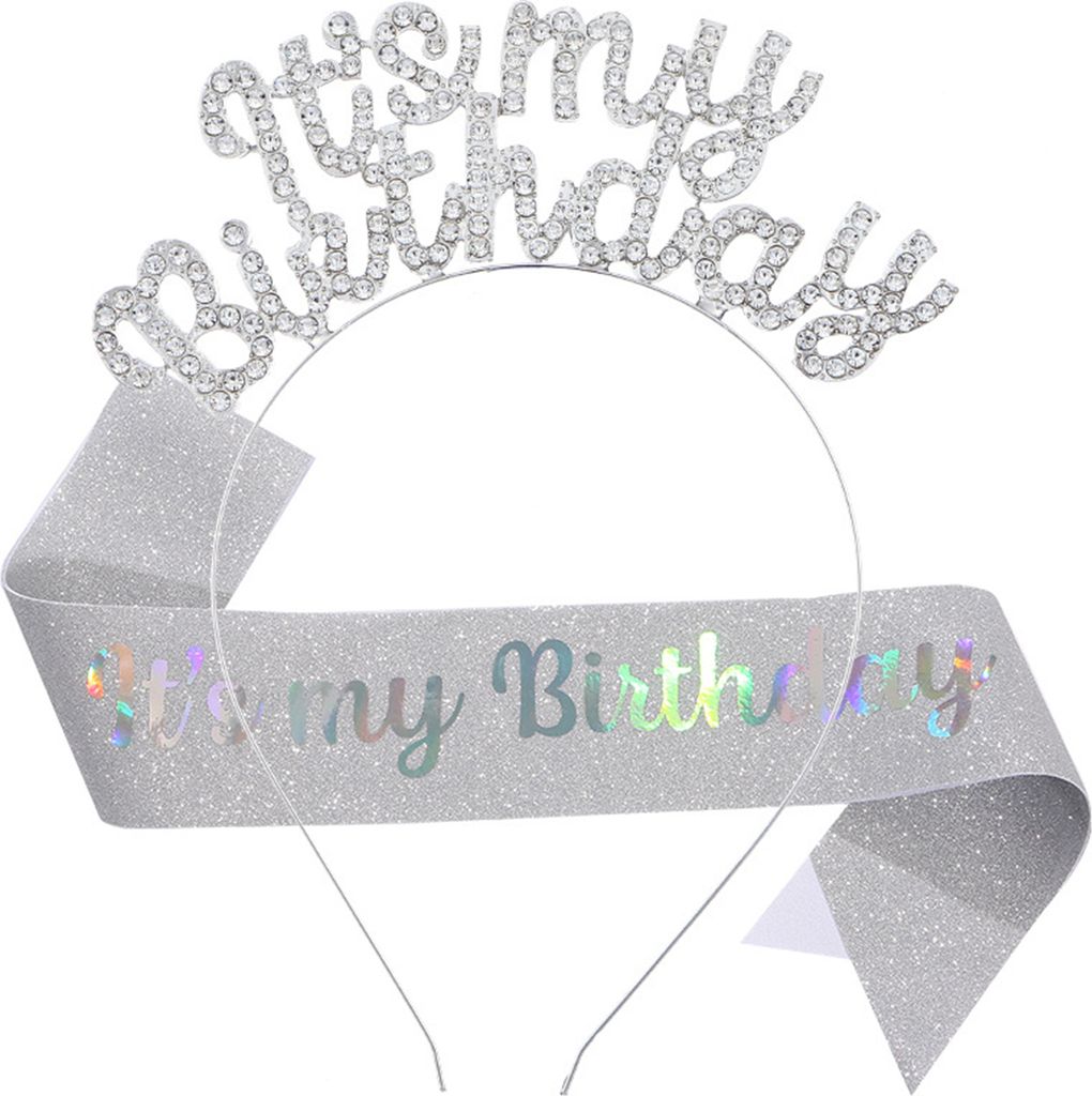 2 Teile/satz Frauen Alles Gute Zum Geburtstag Krone Schulter Gurt Strass Stirnband Set Mein Geburtstag Schärpe Tiara Mädchen Partys Favor Silber