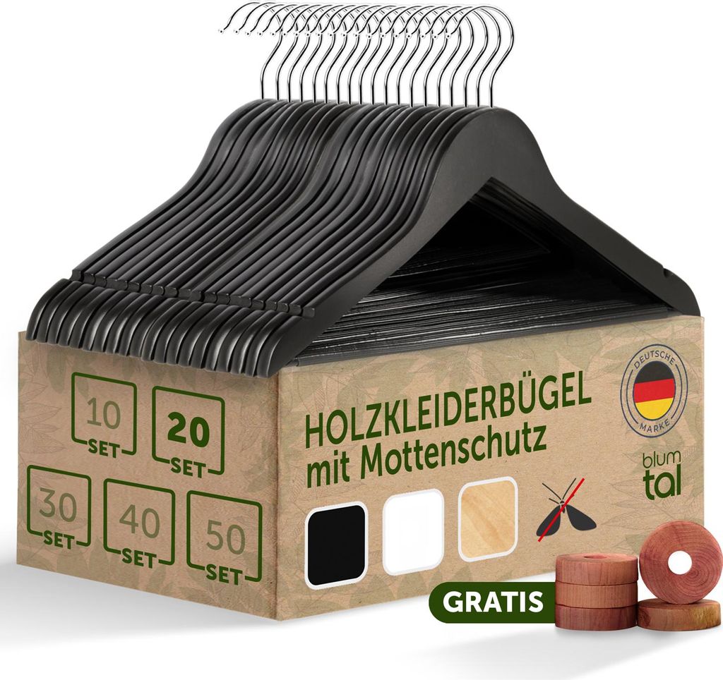 Blumtal Kleiderbügel Holz 20er Set - Holzbügel mit 360° drehbarem Metallhaken - Kleiderbügel Schwarz mit Zedernholz Mottenschutz