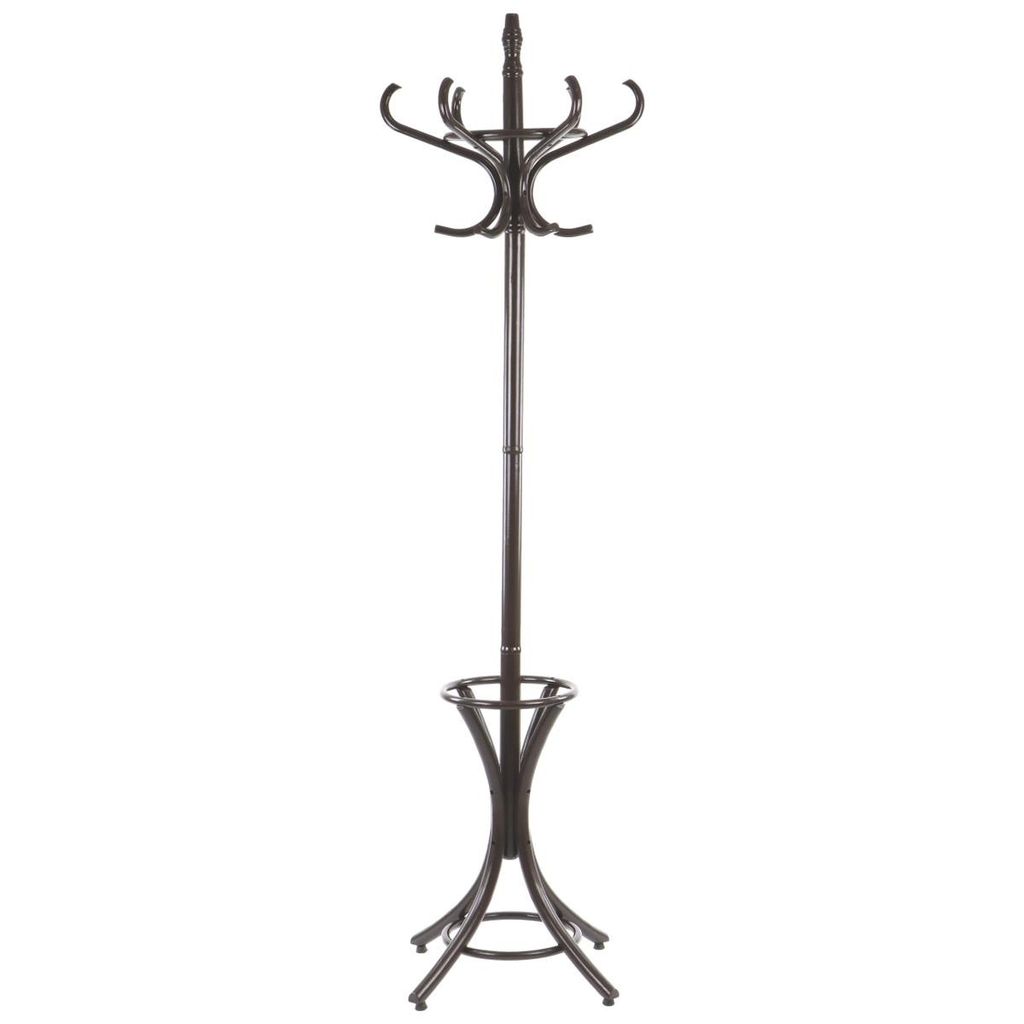 A dark brown wooden coat rack with a circular base and multiple hooks at the top.