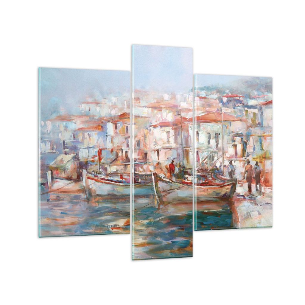 Bilder auf glas - 3 Teile - Insel Boote Hafen - 95x80cm - Glasbilder - Wandbilder - Bilder - zum Aufhängen bereit - Wanddekoration aus Glas - Glas...
