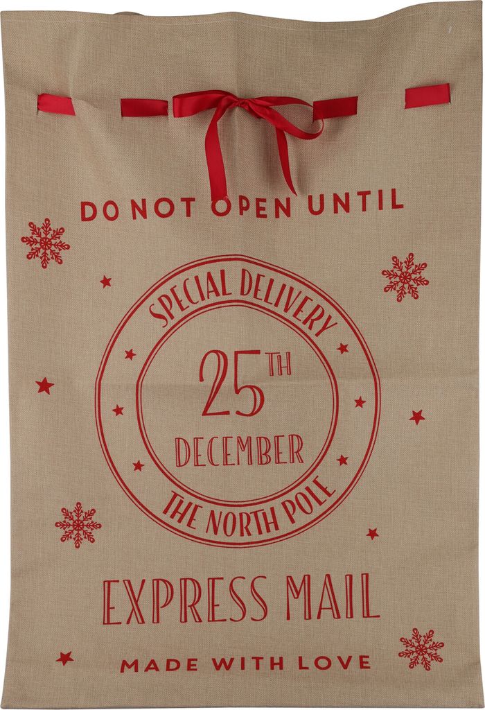 A Christmas gift bag with festive red lettering and designs.
