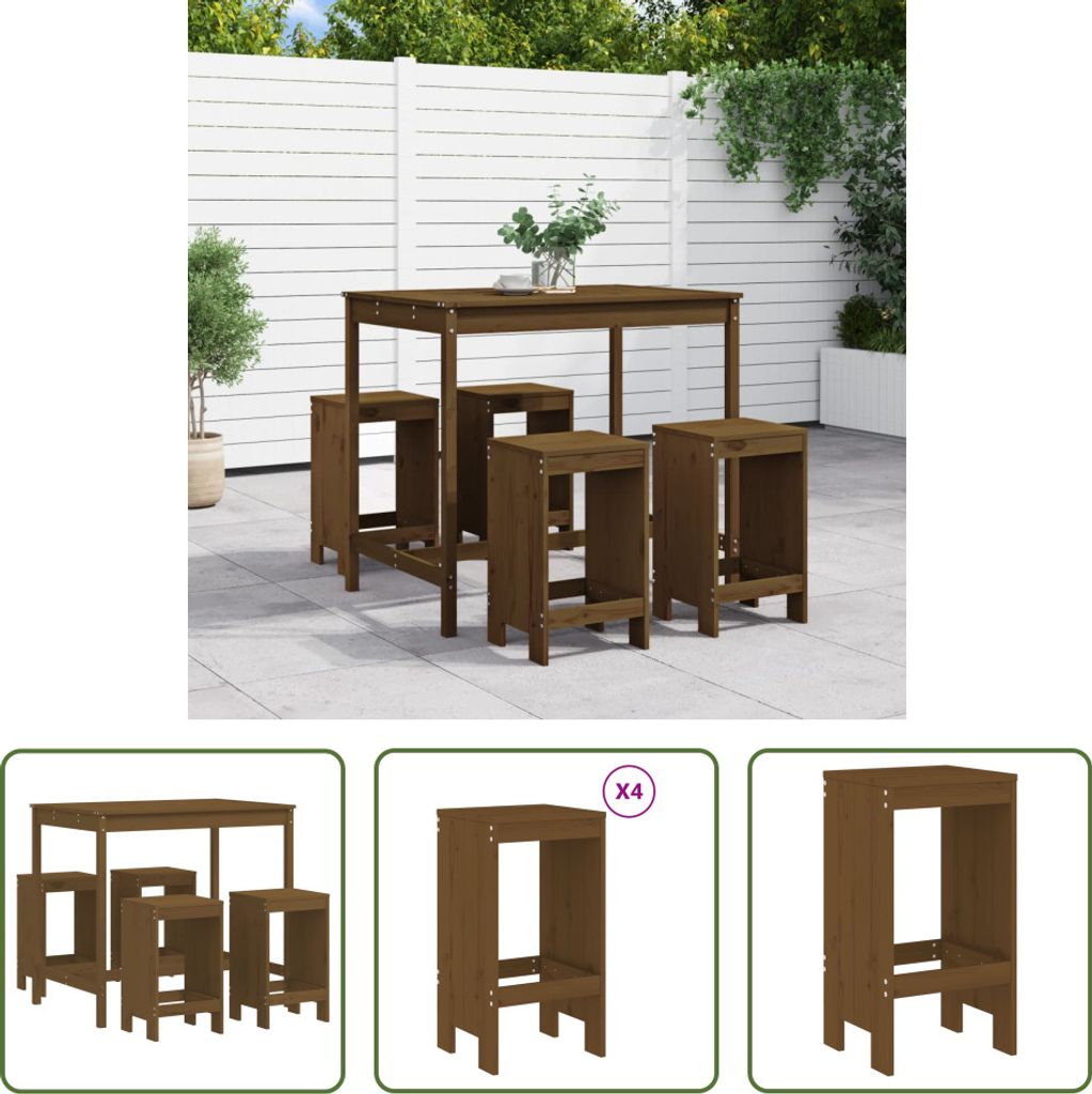 The Living Store 5-tlg. Gartenbar-Set Honigbraun Massivholz Produktbild 