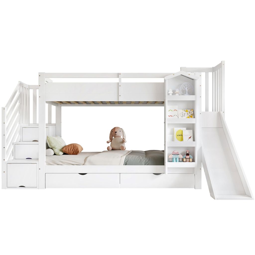 Etagenbett mit 2 Liegeflächen, Rutsche, Treppe, Regal, Schubladen, Stauraum und Rausfallschutz, 90x200cm, Kinderbett, Jugendbett, Kiefer