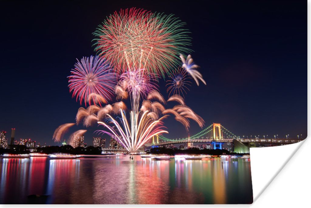 MuchoWow Poster Feuerwerk, das sich in der Silvesternacht im Wasser spiegelt 180x120 cm - Fotoplakat