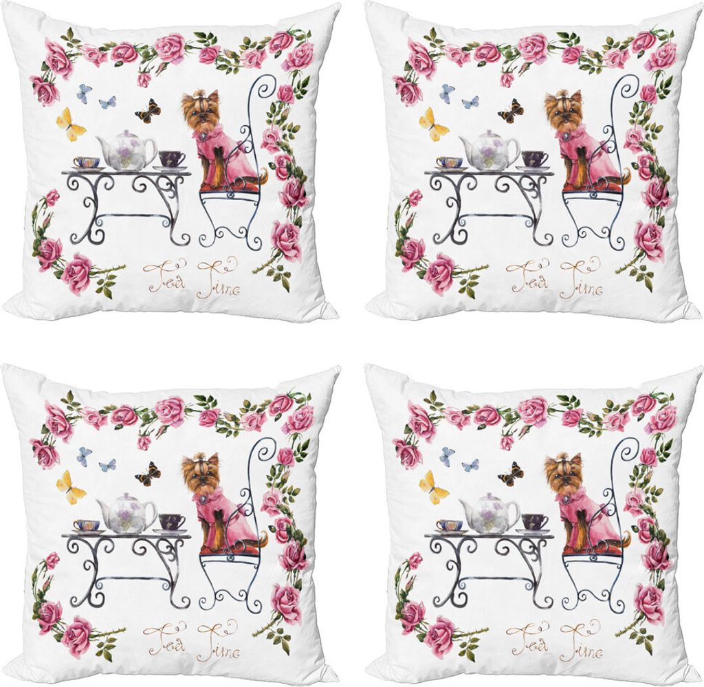 ABAKUHAUS Yorkie Kissenbezug Set (4 Stück), Terrier im rosafarbenen Kleid, Moderner Doppelseitiger Digitaldruck, 60 cm x 60 cm, Pale Pink Weiß