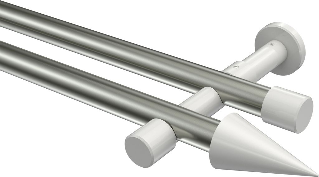 Interdeco Gardinenstange / Vorhangstange Edelstahl-Optik / Weiß, Typ Prestige Savio (Kegel) ohne Ringe, 20 mm Ø 2-läufig, 260 cm