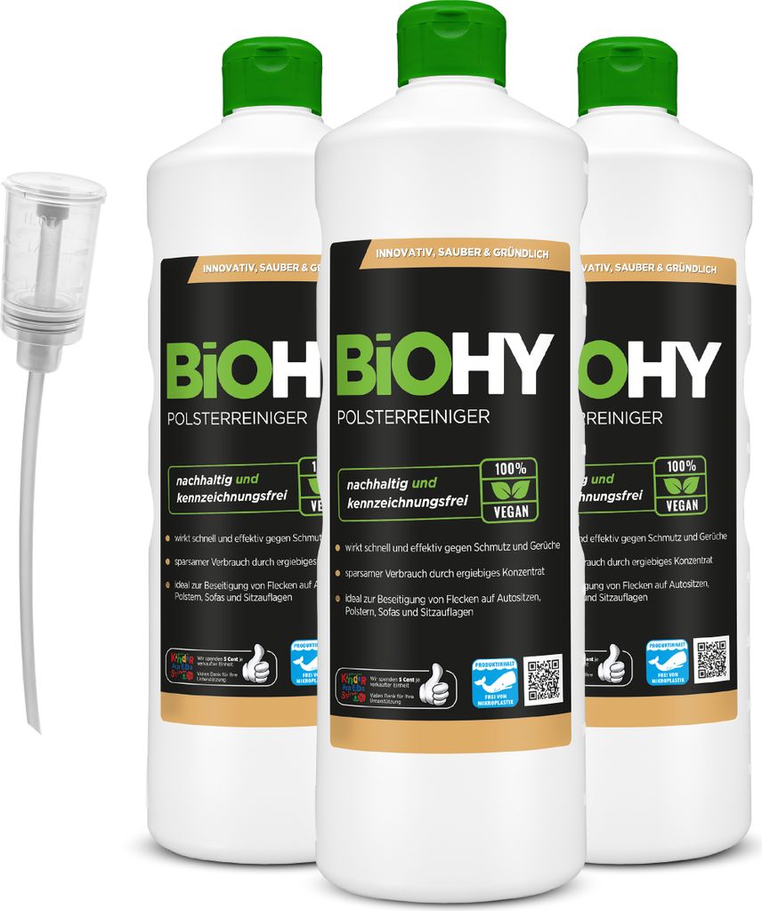 BiOHY Spezial Polsterreiniger (3x1l Flasche) + Dosierer | Ideal für Autositze, Sofas, Matratzen etc. | Ebenfalls für Waschsauger geeignet