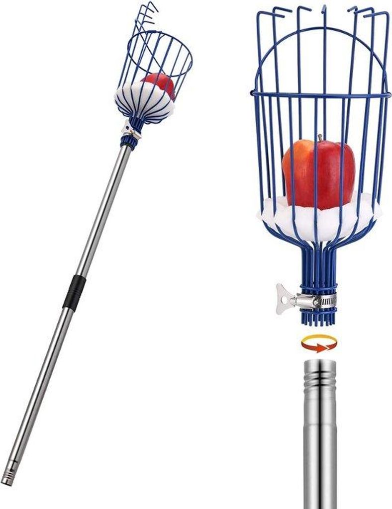 Fruitpflücker mit Teleskopstahl aus Edelstahl, 4 Meter, Apfelplatte mit Gelenk und Schaumüberzug, Gabel mit Fruchtkorb, Orange, leicht stabil und...