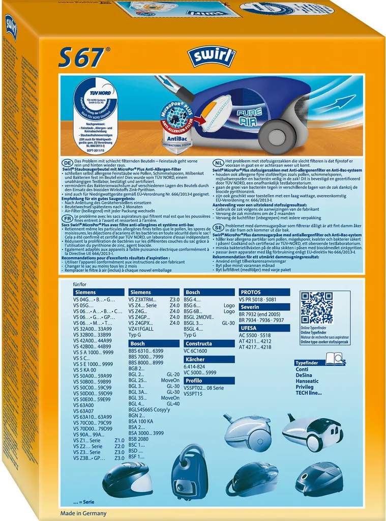 Kit Swirl S67 622189 Sacchetti per Filtro Polvere Bosch Siemens S 67 - 18