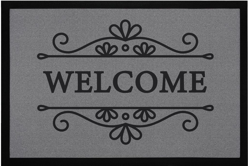 Fußmatte Welcome Willkommen Bordüre Aufschrift Aufdruck rutschfest & waschbar Moonworks schwarz 60x40cm