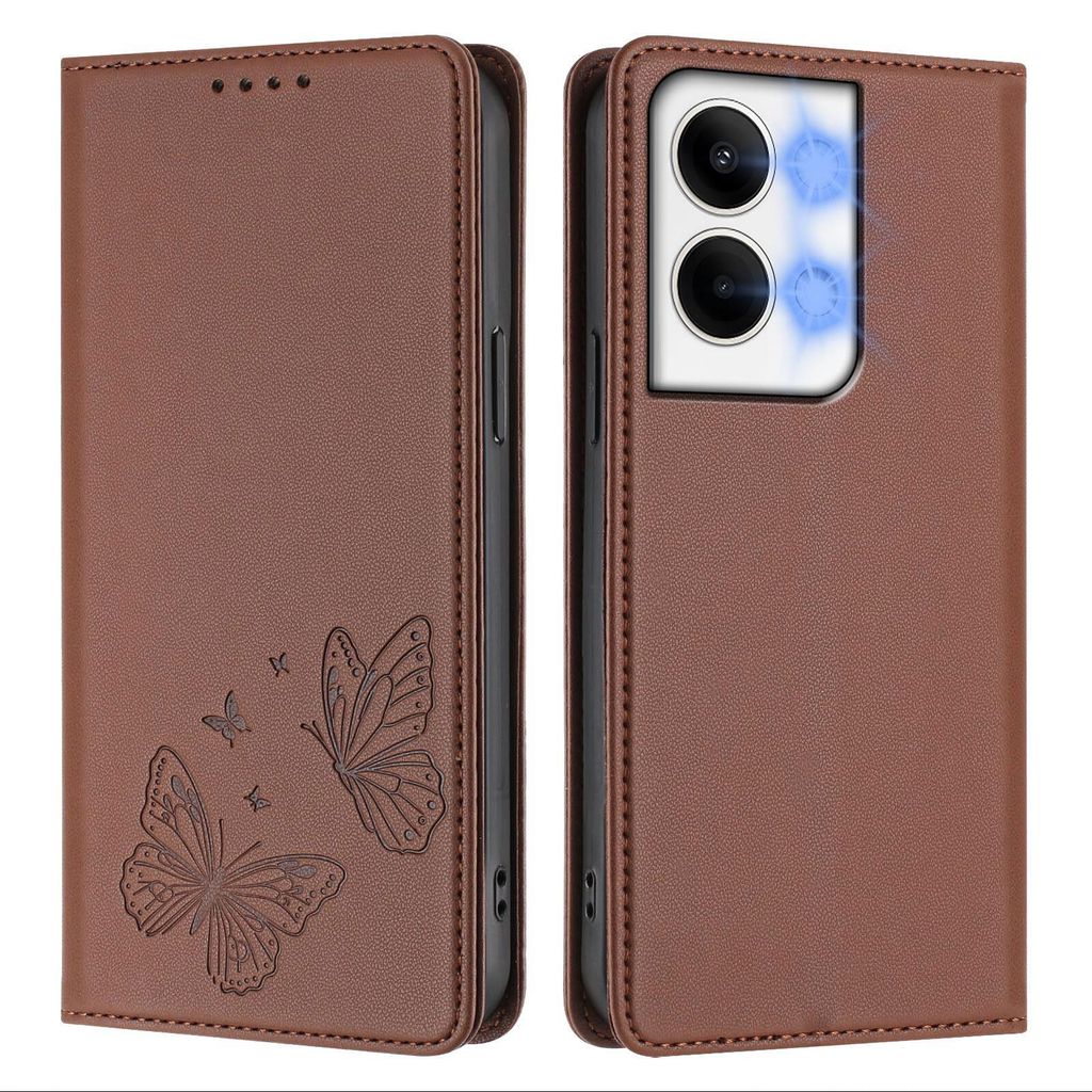 Lederhülle für Oppo Reno9 /Reno9 Pro 5G, Schmetterling Prägung Leder Brieftasche Schutzhülle mit Ständer Braun