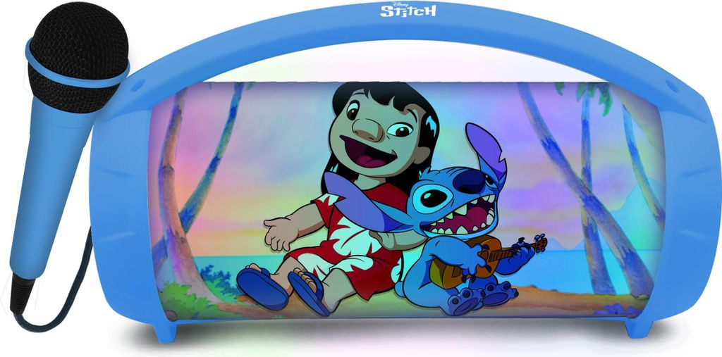 A blue portable speaker with a microphone, featuring an image of Lilo and Stitch on the front.
