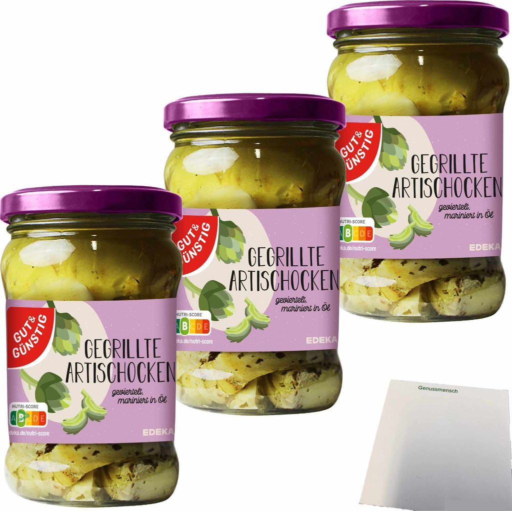 Gut & Günstig Gegrillte Artischocken geviertelt in Sonnenblumenöl mit mediterranen Kräutern und Knoblauch verfeinert 3er Pack (3x280g Glas) + us...