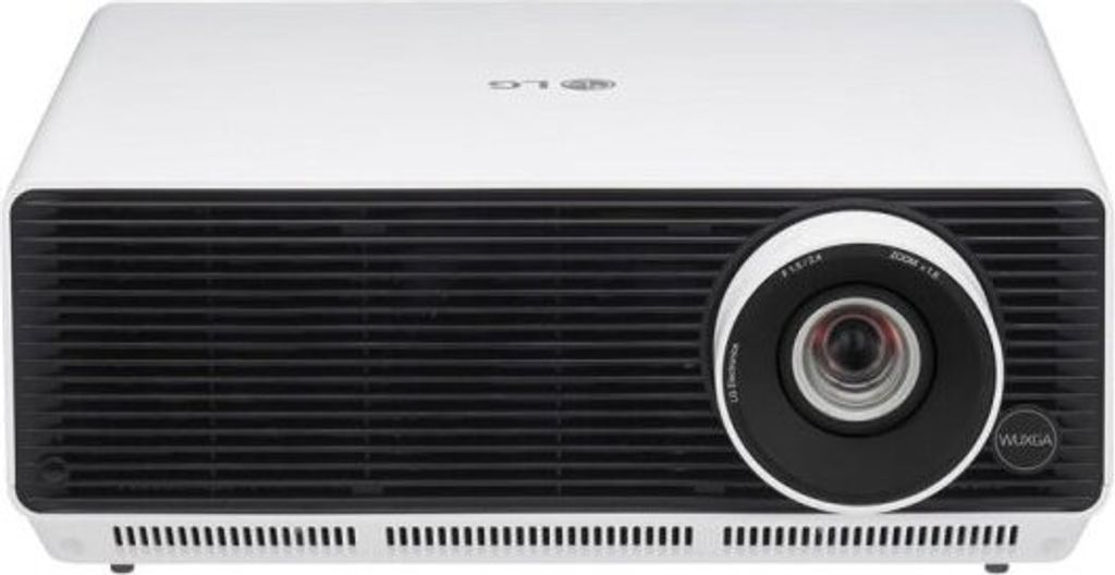 A front view of a white and black LG projector.