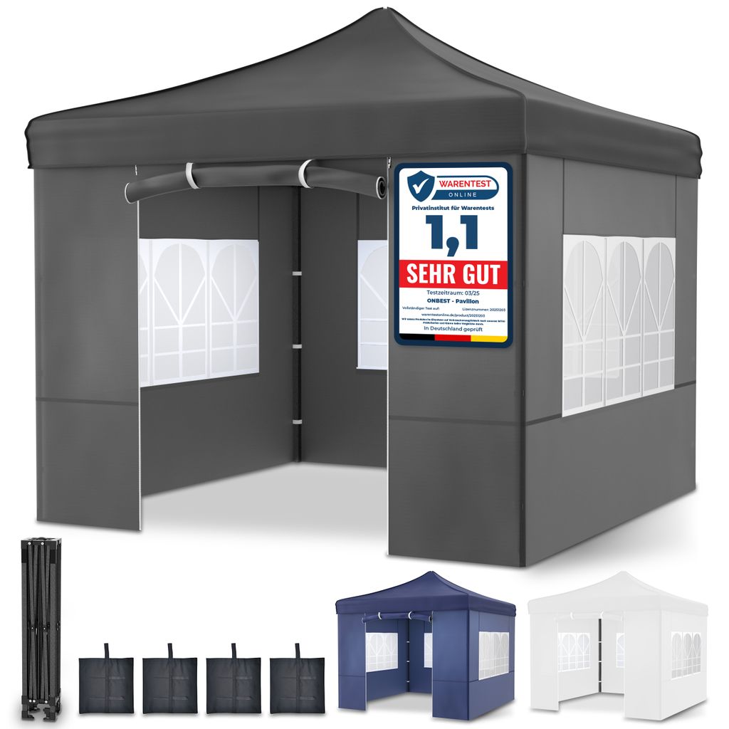 ONBEST Pavillon 3x3 | Wasserdicht | faltbar | Grau | mit Sandsäcke | Heringe | Seile | UV50+| Premium
