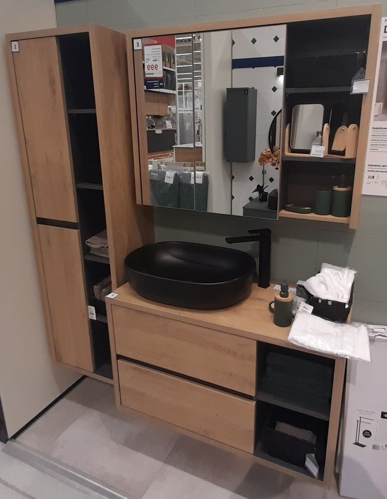 Badmöbel DEVON-S 100 cm mit Aufsatzwaschbecken EICHE-GRAU SOFT-CLOSE Waschtisch Spiegelschrank