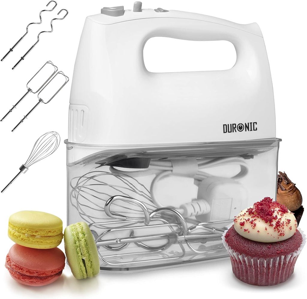 A white hand mixer with accessories and pastries, presented in a promotional collage.
