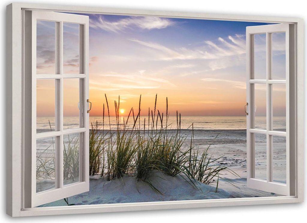 Leinwandbild blick aus dem fenster am strand 60x40 cm Feeby farbe wandbild bereit zum aufhängen