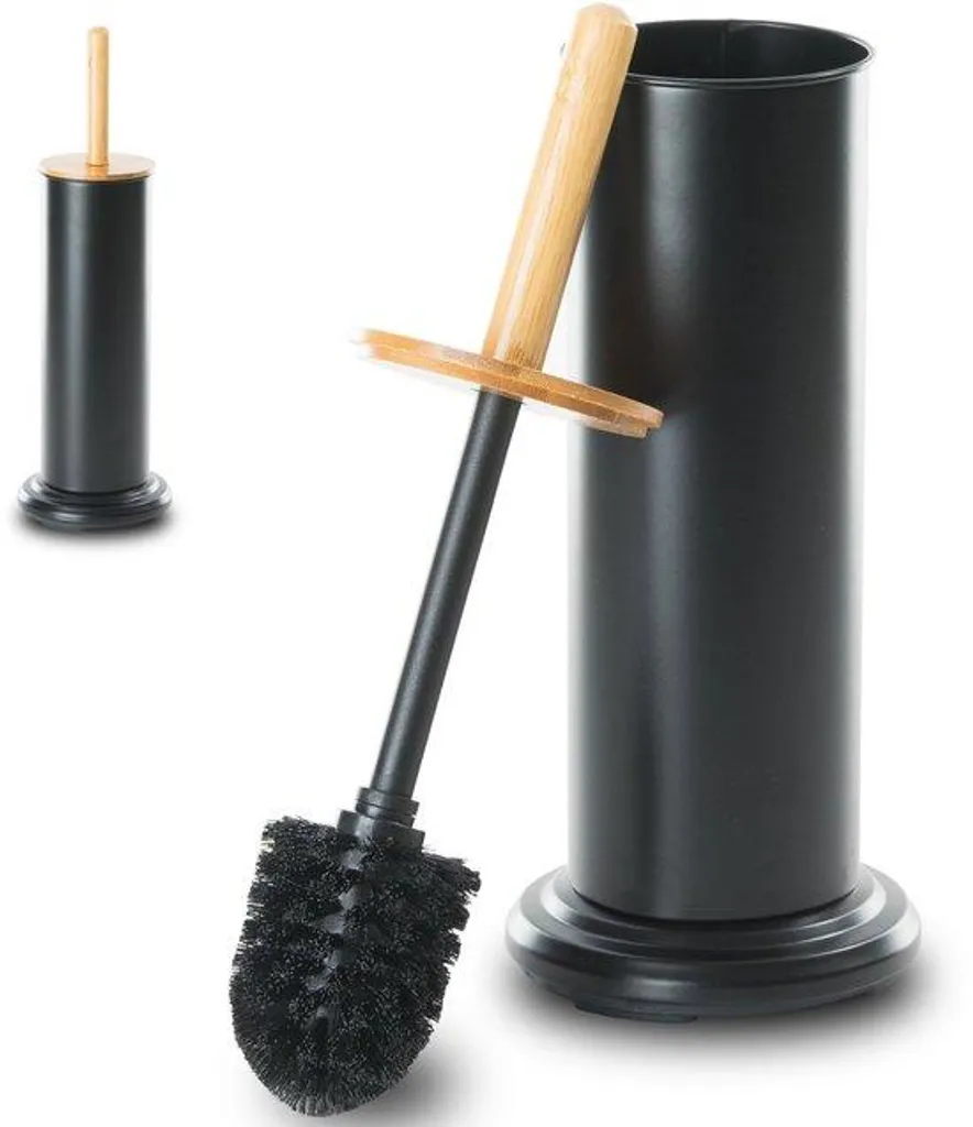 Brosse de toilettes 2 têtes, manche bambou et support métal durable