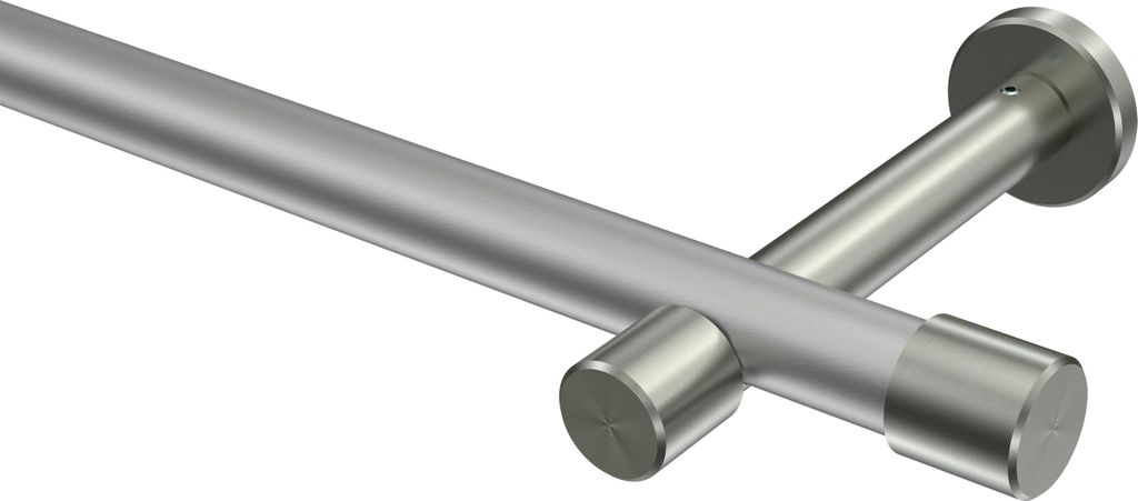 Interdeco Gardinenstange / Vorhangstange Silbergrau / Edelstahl-Optik, Typ Prestige Santo (Kappe) ohne Ringe, 20 mm Ø 1-läufig, 180 cm